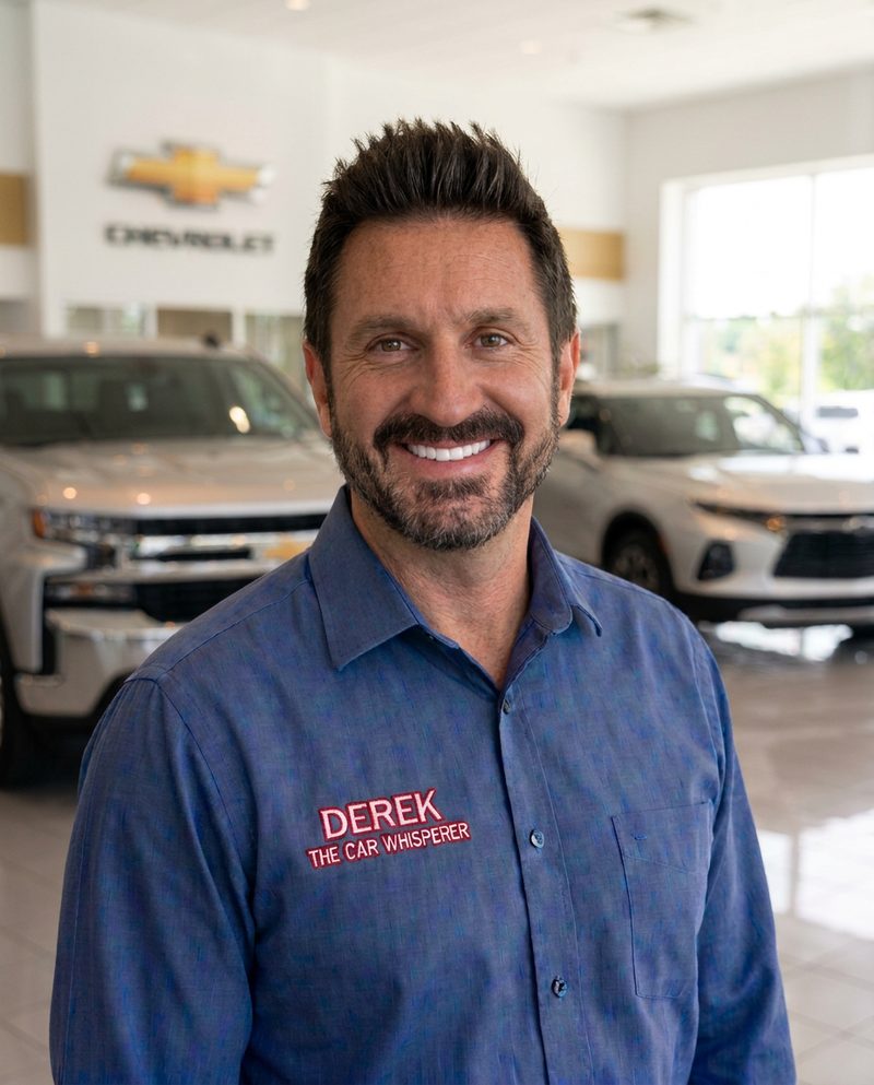 Portrait of Derek Besemer, The Car Whisperer, a Cox Chevrolet sales specialist in Bradenton, Florida, wearing a blue shirt with a red-outlined Derek name patch
