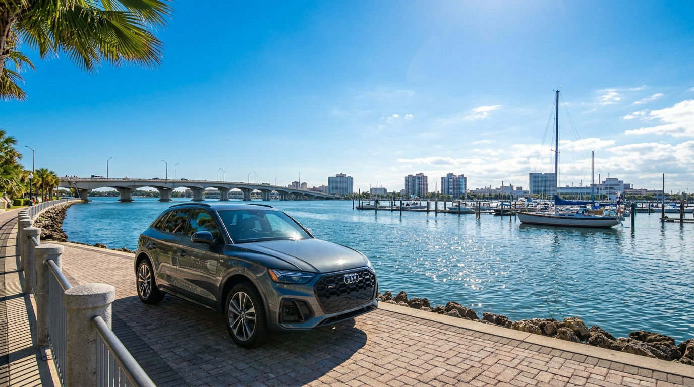 Bradenton waterfront and marina on the Manatee River at blue hour — SRQCars.com