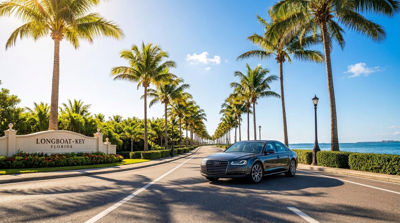 Palm-lined Longboat Key boulevard at night near Sarasota, Florida — SRQCars.com