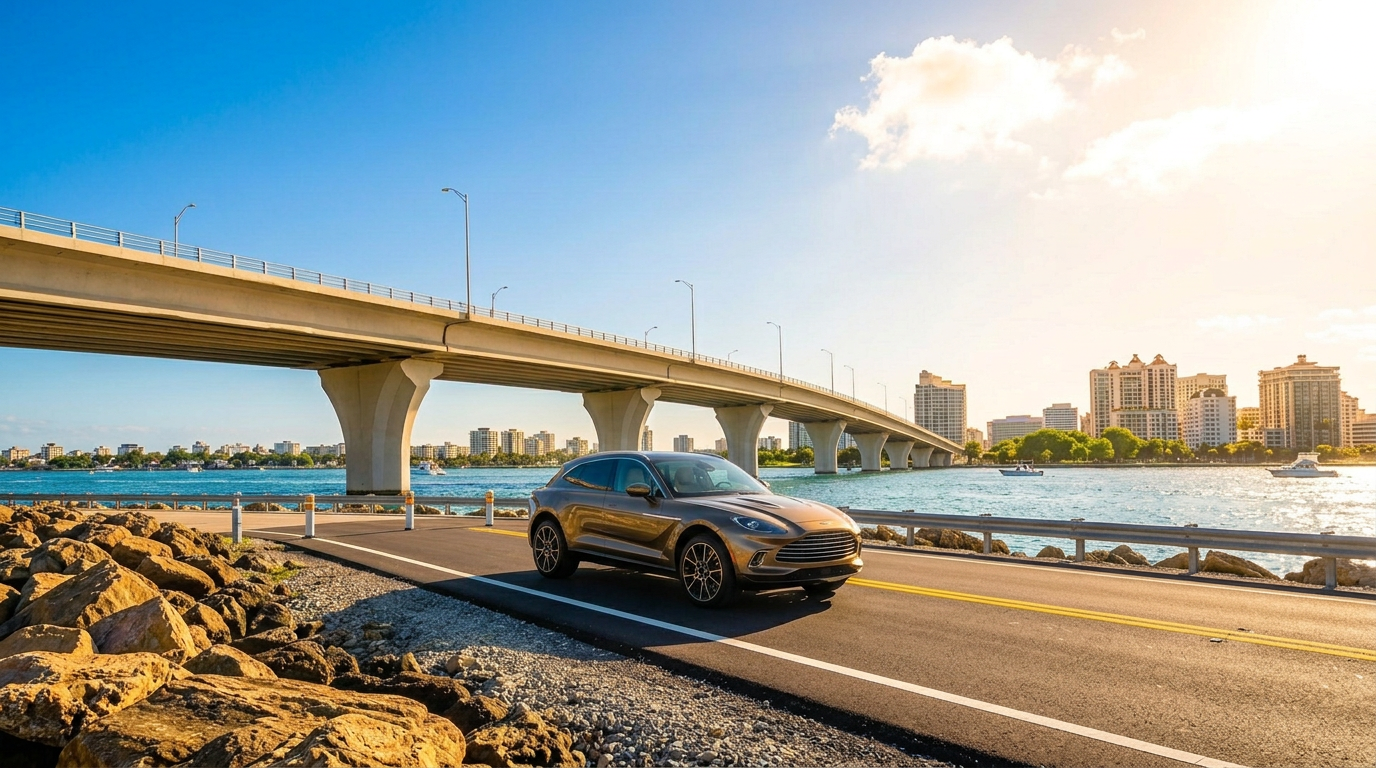 Ringling Bridge over Sarasota Bay at dusk with the downtown Sarasota skyline — SRQCars.com